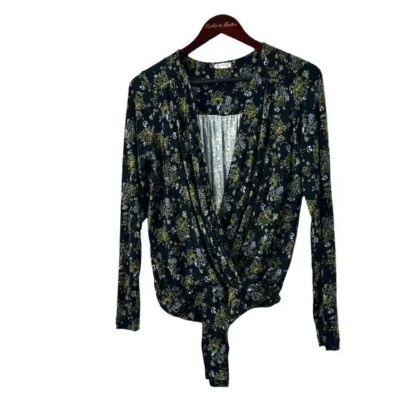 New Free People Intimately Turnt Faux Wrap Long Sleeve Bodysuit Night Combo Sz L - Picture 2 of 13